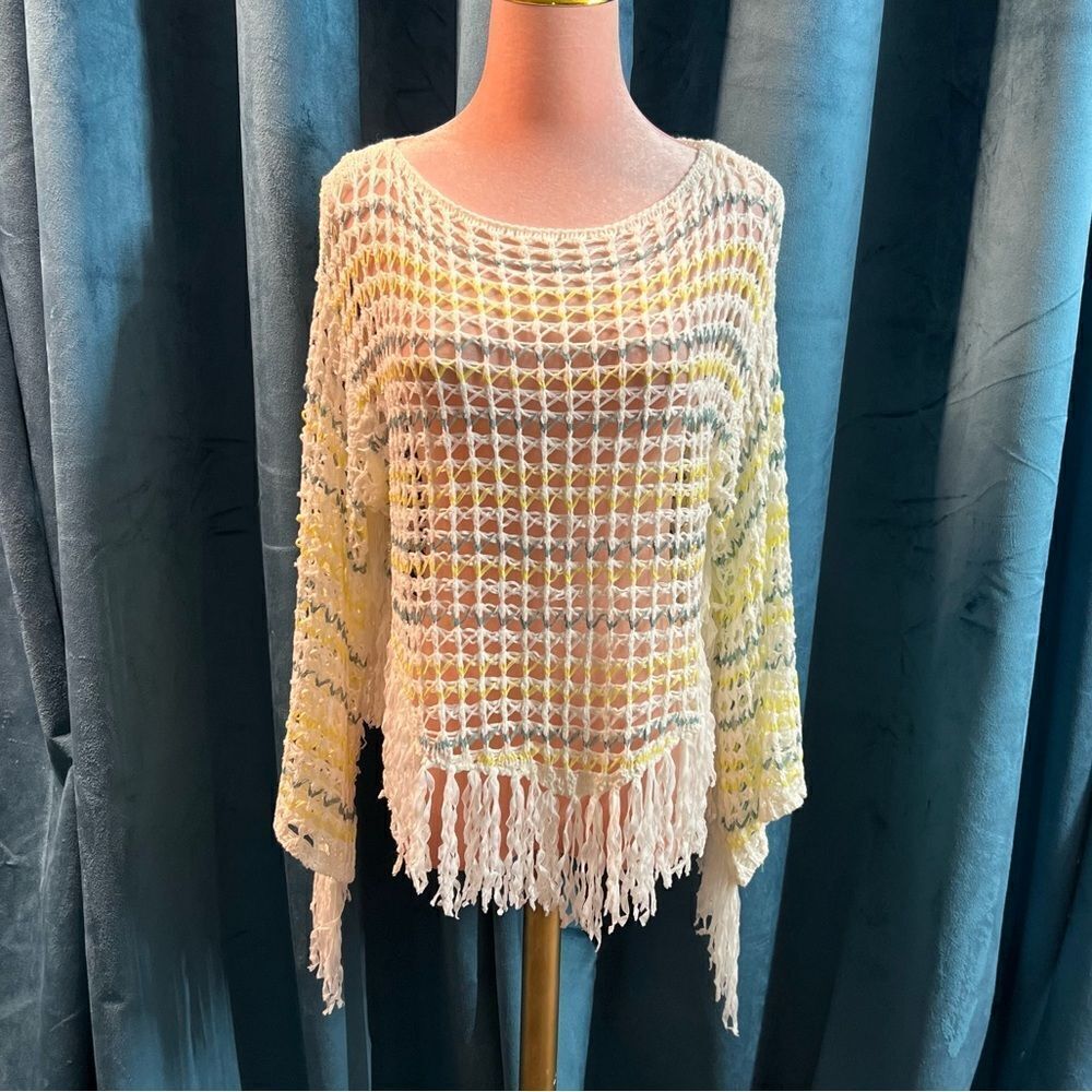 POL Crochet Mesh Knit Boat Neck Top, Fringe, Cream/Yellow/Blue. Small. NWT!